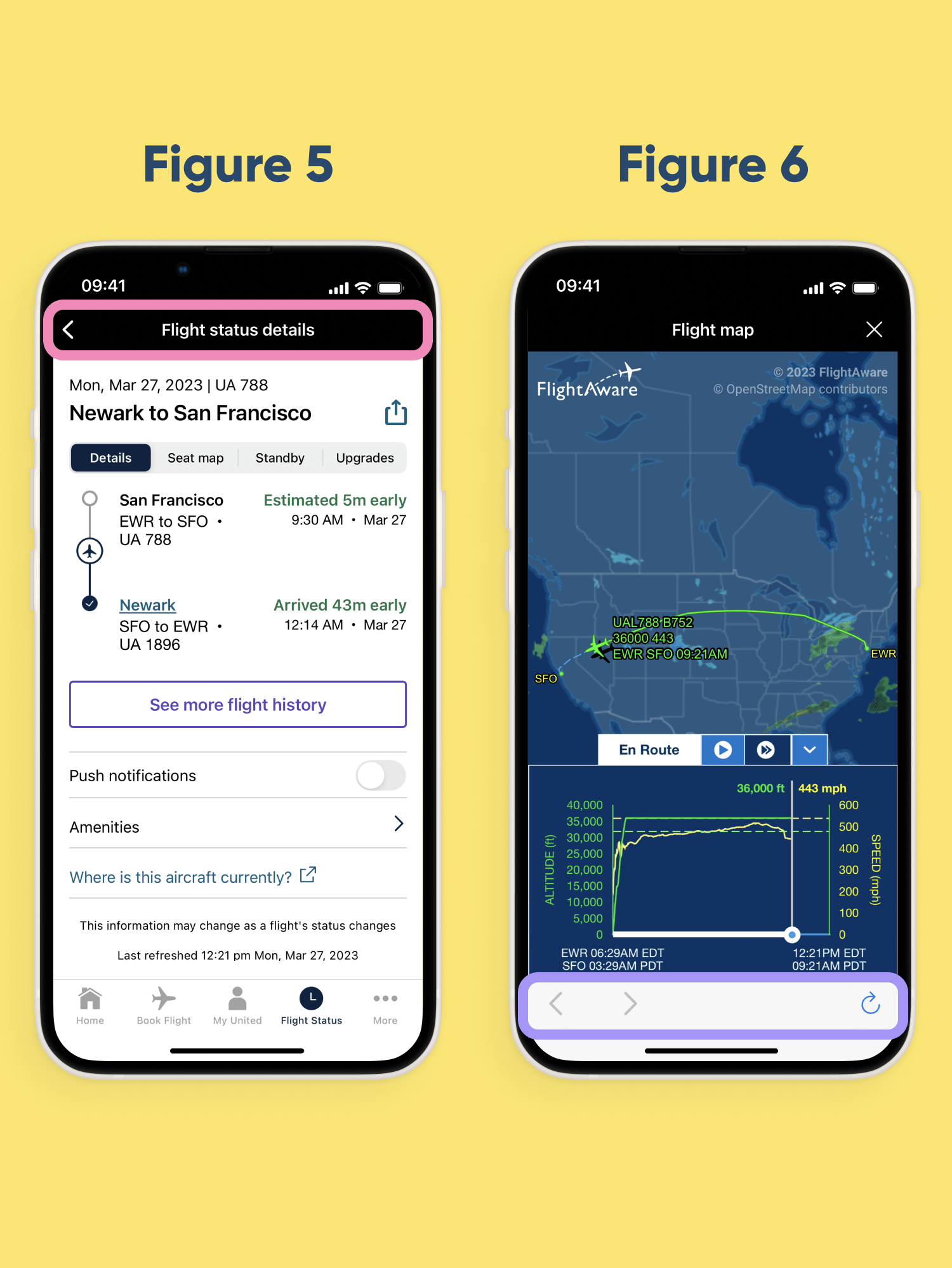 Two iphones, one showing flight information of a trip from Newark to San Fransisco, while the other shows flight details.