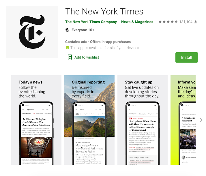Image showing the New York Times App as it appears in the Google Play Store.