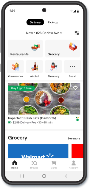Mobile phone showing a food-delivery service app like Uber Eats.
