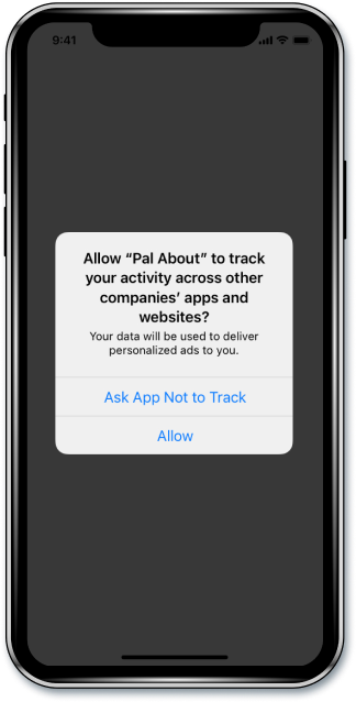 An iPhone displaying a prompt asking user to allow "Pal About" to track activities