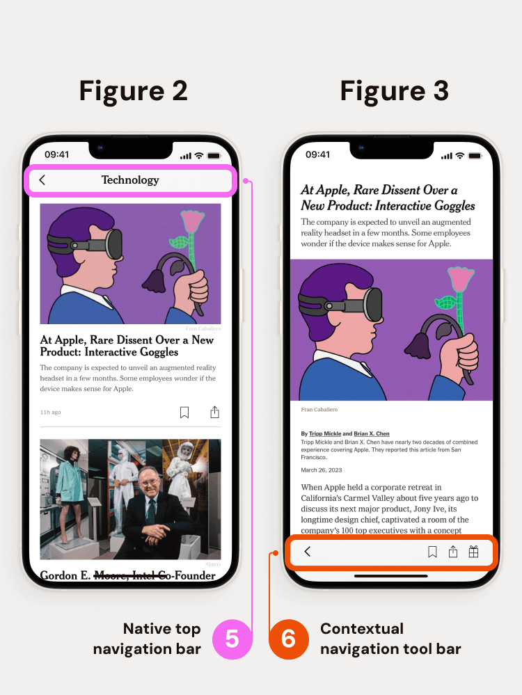 Two iPhones showcasing identical content in an app with arrows pointing to the app’s native and contextual navigational bars.