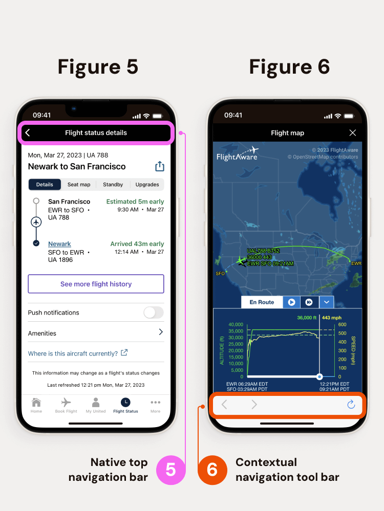 Two iphones, one showing flight information of a flight from Newark to San Fransisco, while the other showing flight details.
