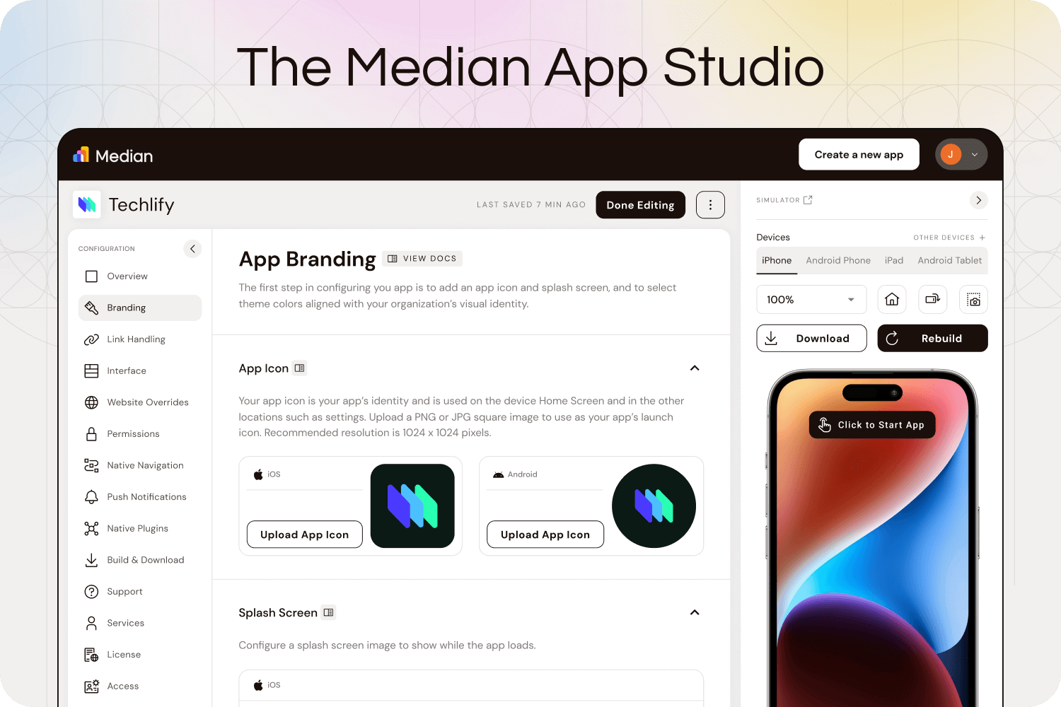 The Median App Studio showing how to instantly convert your app and customize it in the online app builder