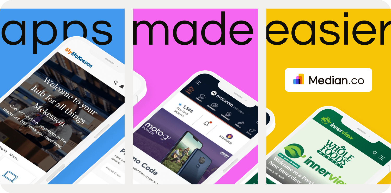 Mobile app screenshots featuring Median.co customers like Motorola, McKesson, and Whole Foods