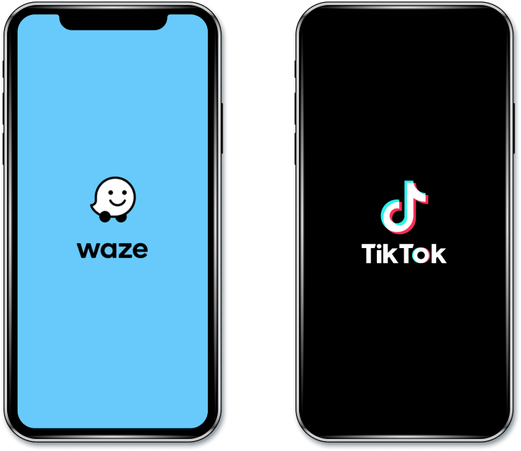 Waze (left) and TikTok (right) splash screens displayed side by side