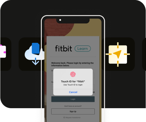 Screenshot of Fitbit App on a black iPhone with Touch ID login prompt.